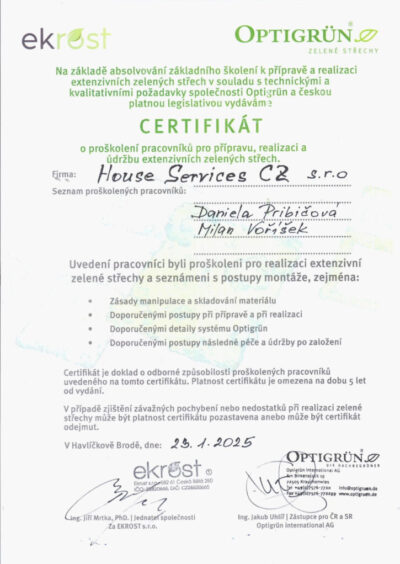 Živé střechy - Certifikát Ekrost