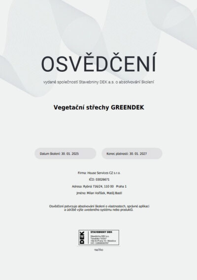 Živé střechy - Certifikát Greendek